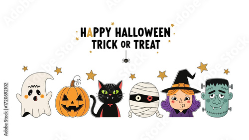 Spooky Halloween Gathering: A festive array of Halloween characters, including a playful ghost, grinning pumpkin, sleek black cat, wrapped mummy, young witch, and monstrous Frankenstein.
