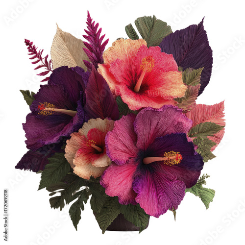 Diverse hibiscus flowers in vibrant pinks purples and coral hues with textured green and beige foliage