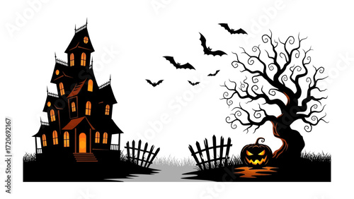 Spooky Halloween Scene: A haunting illustration features a spooky house, a gnarled tree, and a carved pumpkin, capturing the essence of the holiday with a dark, yet inviting aesthetic. 