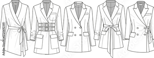 Cad drawing flat vector illustration of women’s belted blazer jackets, fashion technical sketch, multiple styles, detailed front design layout