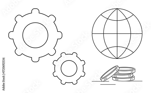 Two interlocking gears, a globe outline, and stacked coins suggest global industry, teamwork, and financial growth. Ideal for business, economy, globalization, trade innovation networking