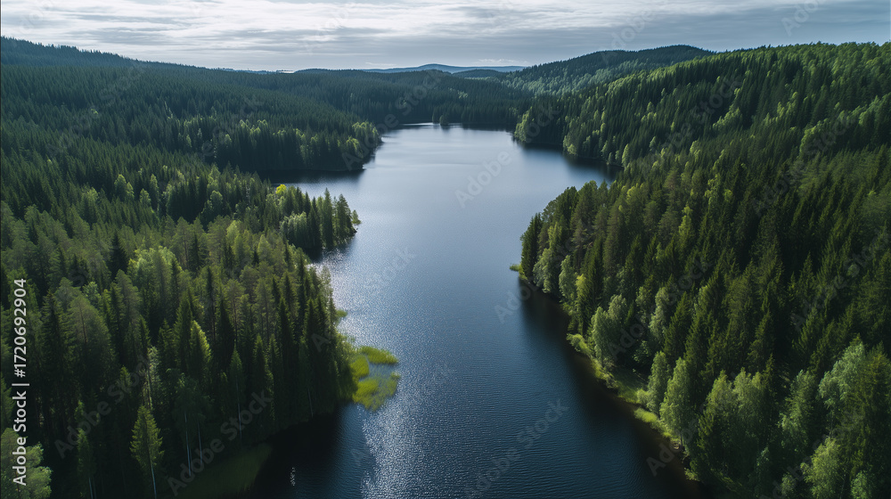 Naklejka premium Scenic aerial view of forest and lake under clear sky