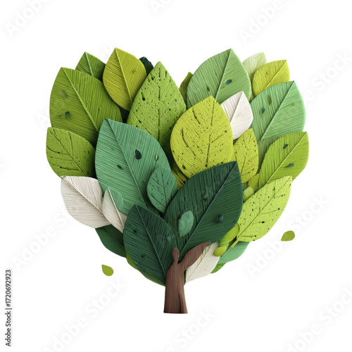 Heart Shaped Tree Composed Of Textured Green And White Leaves Against A Transparent Background