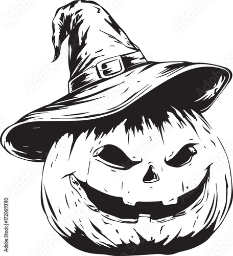 Halloween Pumpkin's Spooky Silhouette: A detailed pen-and-ink illustration of a grinning jack-o'-lantern wearing a pointed witch hat, exuding a spooky and festive Halloween spirit.