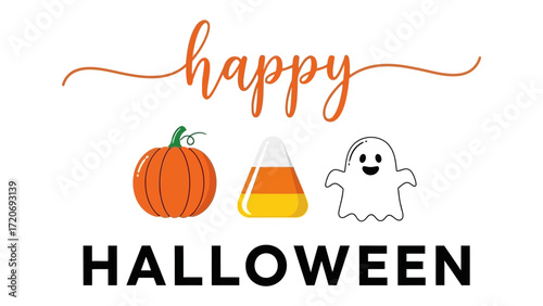 Spooky Season's Cheer: Embrace the spirit of Halloween with a charming ensemble of cheerful pumpkin, a classic candy corn, and a friendly ghost, heralding the festive holiday season.