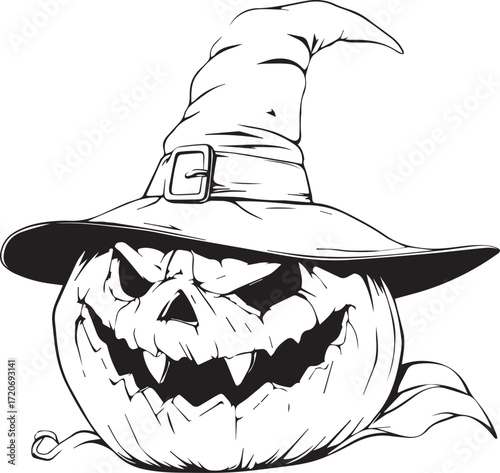Spooky Jack-o'-lantern: An artistically rendered Jack-o'-lantern with a wicked grin dons a pointed witch hat. The illustration, evokes the spirit of Halloween in detail.