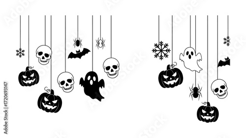 Halloween Hanging Decorations: Spooky silhouettes of pumpkins, skulls, ghosts, bats, spiders and snowflakes create a festive scene. Perfect for adding a touch of eeriness to your holiday decor.
