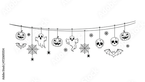 Spooky Halloween Garland: A festive monochrome garland, artfully strung with emblematic Halloween icons, evokes the eerie charm of the season.