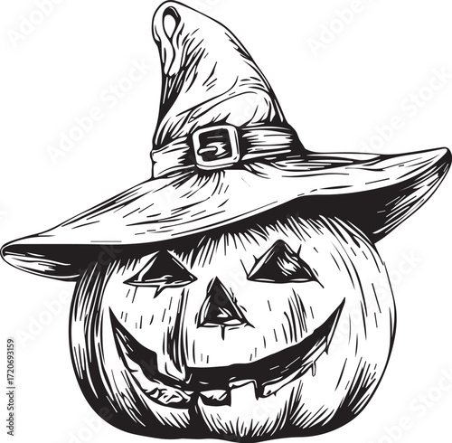 Festive Pumpkin: A whimsical jack-o'-lantern, adorned with a witch's hat, exuding a playful and spirited Halloween vibe. A festive graphic that will spark both joy and a touch of spookiness.