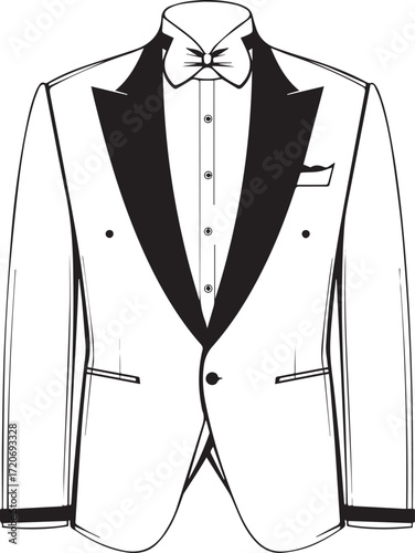 Elegant Tuxedo: A stylish tuxedo, a symbol of sophistication and classic style for formal events, featuring a pristine white coat paired with a sharp black lapel, bowtie and pocket square.