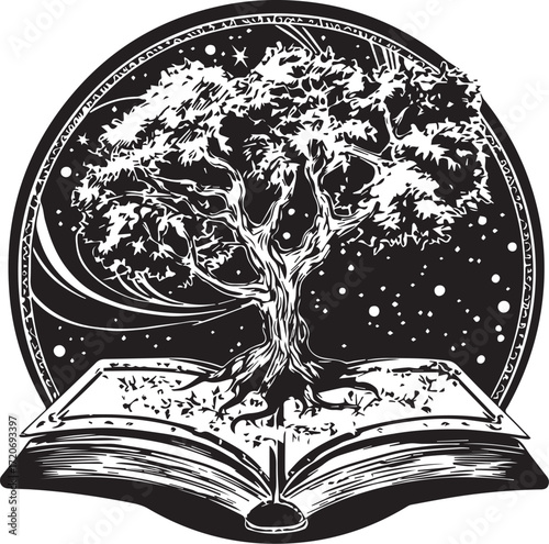 The Book of Wisdom: An artistic depiction of an open book bearing a detailed tree of life within it. This symbolic illustration evokes a sense of knowledge, growth.