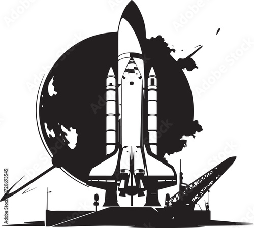 Spacecraft Silhouette: A striking monochrome illustration depicts a spacecraft poised on its launchpad, with the celestial sphere looming behind.