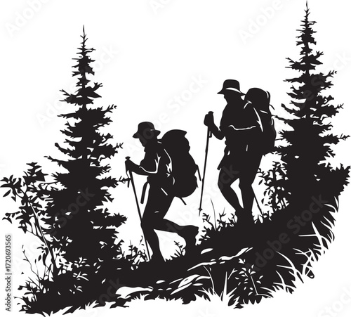 Hiking Adventure Silhouette: Silhouetted figures, equipped with backpacks and trekking poles, embark on a scenic hiking trail surrounded by towering trees.