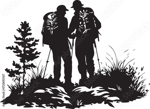 Adventure in Shadows: A pair of adventurers, silhouetted against a textured background, embark on a rugged journey. Equipped with backpacks and trekking poles, they navigate an unknown path.
