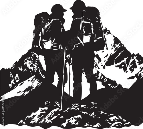 Peak Partnership: Silhouette of two hikers standing atop a mountain summit, sharing a moment of camaraderie. Capturing the essence of adventure and the bond forged through shared experiences.