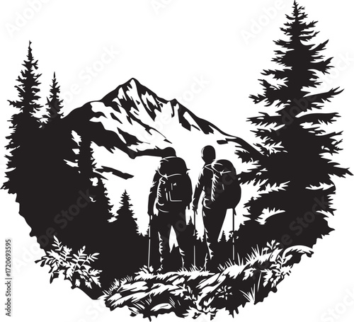 Embarking on the Scenic Trail: Silhouette of hikers, silhouetted against a backdrop of rugged mountains and lush forests, ready to overcome challenging landscapes with passion.