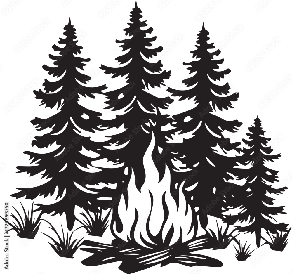 Obraz premium Campfire Scene: A silhouetted campfire crackles merrily beneath a group of towering fir trees, a visual representation of the warmth of nature.