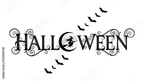 Mystical Halloween Display: A captivating Halloween-themed illustration featuring elegant text with an ornate design, complemented by a silhouette of a witch soaring past the full moon.
