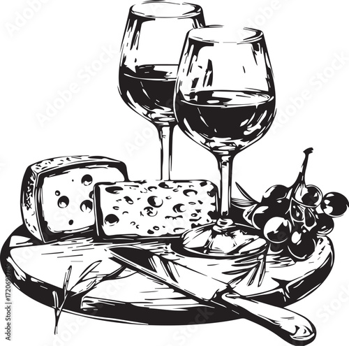 Wine and Cheese Pairing: An elegant illustration captures the essence of a perfect pairing, with two glasses of rich red wine, an assortment of artisanal cheeses.