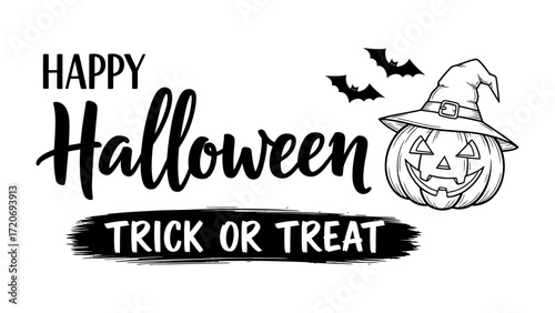 Happy Halloween Wishes: A whimsical Halloween greeting. A cheerful carved pumpkin, adorned with a witch's hat, alongside the spooky phrase Trick or Treat, perfect for spreading seasonal joy.