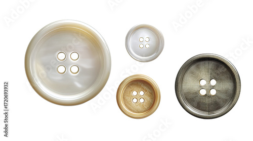 four sewing buttons of different size on white background
