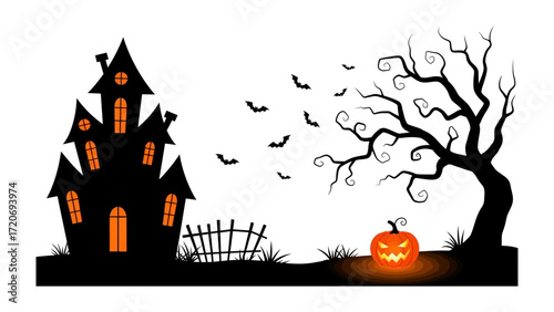 Spooky Halloween scene: A whimsical silhouette captures a haunted house, bare tree, and grinning pumpkin against a backdrop of bats in flight, creating an eerie atmosphere for All Hallow's Eve. 