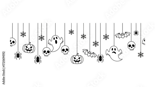 Spooky Halloween Banner: A spooky banner of Halloween decorations is hanging, featuring pumpkins, ghosts, spiders, skulls and bats, ready to bring a touch of fun and fright to your festive season!
