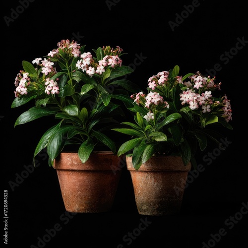 Wallpaper Mural Two potted flowering plants, pale pink blossoms, dark green foliage, terracotta pots, isolated on black background Torontodigital.ca