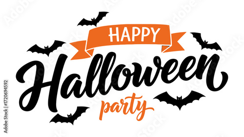Festive Halloween Party Banner: An artistic representation to set the tone for your spooky Halloween celebration with playful bats and lettering. 