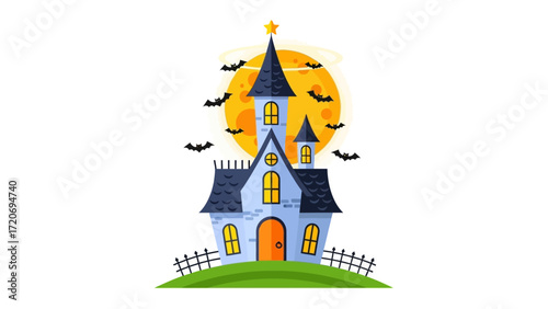 Haunted House Under Moonlight: A spooky haunted house silhouetted against a full moon and bats, ready for a Halloween night.