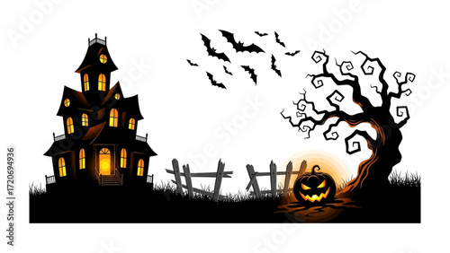 Spooky Halloween Scene: An ominous haunted house silhouette, a gnarled tree, and a jack-o'-lantern set the stage for Halloween, with bats overhead, evoking eerie atmosphere and spooky mood.