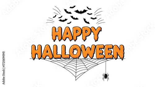 Halloween Wishes: A festive graphic design illustration saying Happy Halloween, adorned with a spider web and a small spider, a swarm of bats.