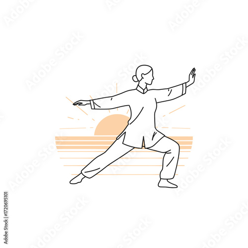 Woman practicing tai chi during sunrise in minimalist style  