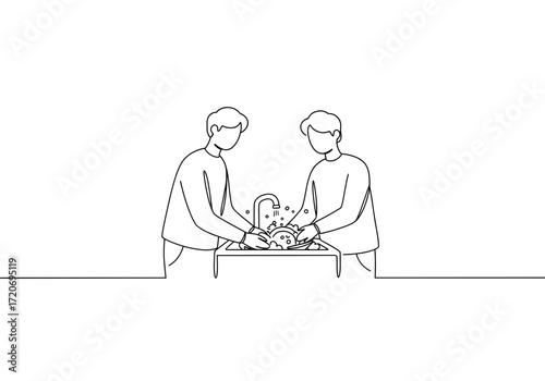 Two men washing dishes together at a sink in a minimalist kitchen  