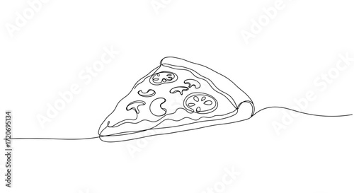 Outline illustration of a slice of pizza with toppings  