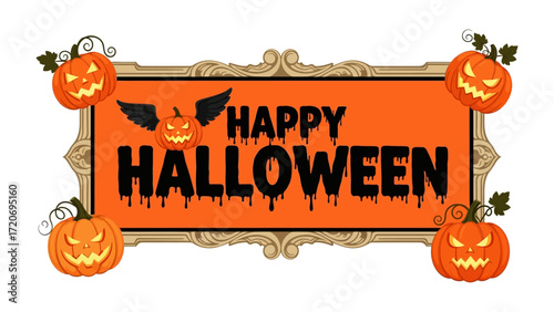 Spooky Halloween Sign: A festive Halloween sign adorned with grinning jack-o'-lanterns, spooky fonts and an inviting border. 