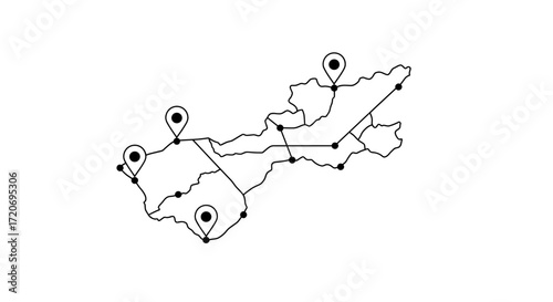 Map outline of North Korea with location markers in black and white  