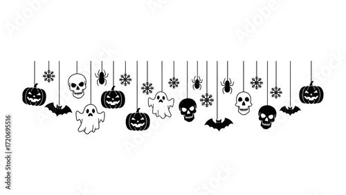 Spooky Halloween Garland: A festive array of Halloween icons, including pumpkins, ghosts, spiders, bats, and skulls, artfully suspended on strings, creating a whimsical and eerie atmosphere.