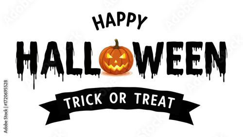 Spooky Season: A festive Happy Halloween message featuring a grinning jack-o'-lantern, with 'Trick or Treat' banner beneath, perfect for seasonal greetings and design.