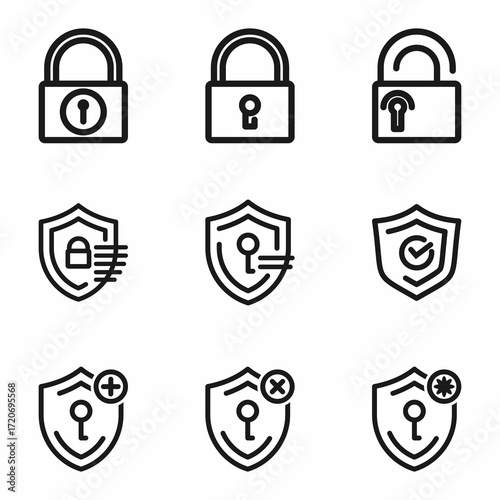 Cybersecurity Icon Set, Digital Security and Protection, Shield and Lock Icons, Safety and Privacy Symbol Collection