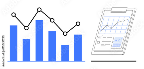 Bar chart and line graph depict data trends. Clipboard with report indicates information tracking and interpretation. Ideal for analytics, report, presentation, strategy, research, economy, planning