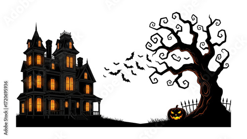 Spooky Halloween Night Scene: A shadowy, haunted mansion casts an eerie glow, accompanied by a gnarled tree, a carved pumpkin, and bats soaring into the night sky.