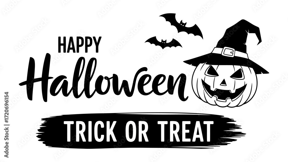Obraz premium Spooky Halloween Imagery: A spooky Halloween graphic featuring a carved pumpkin illuminated with a sinister grin, adorned with a witch's hat and shadowed by bats, all set in a playfully scary mood.