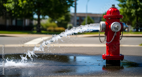 Fire hydrant spraying water outdoors, red hydrant releasing strong water flow on city street, urban safety infrastructure and municipal fire protection system