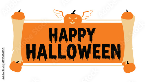 Happy Halloween Banner: A festive, illustrated banner celebrates Halloween, showcasing an orange backdrop with the greeting, pumpkin and creative design. 