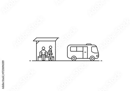 Illustration of two people waiting at a bus stop beside a camper van  