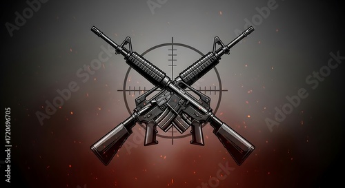 Two assault rifles crossed, targeted by a precision scope, set against a backdrop of fiery sparks.