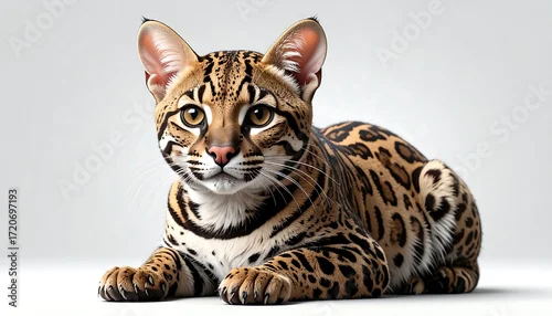 Fototapeta A spotted feline lies on a neutral background