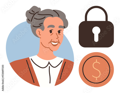 Elderly woman smiling, a dollar coin and a padlock nearby. Ideal for finance, security, retirement, trust, savings, older adults planning. Simple flat metaphor