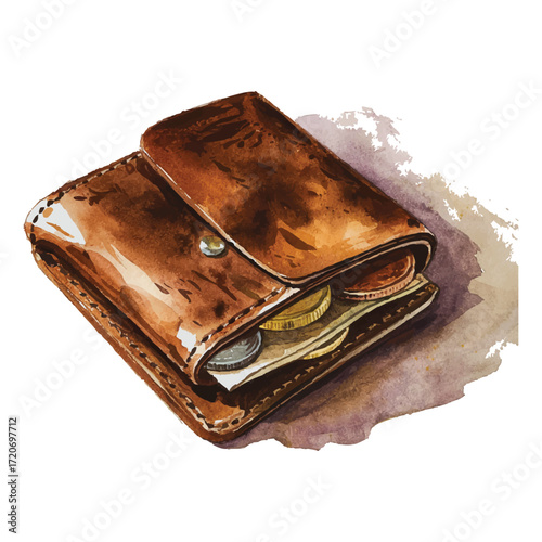 Brown leather wallet coins cash money finance essential personal accessory watercolor illustration